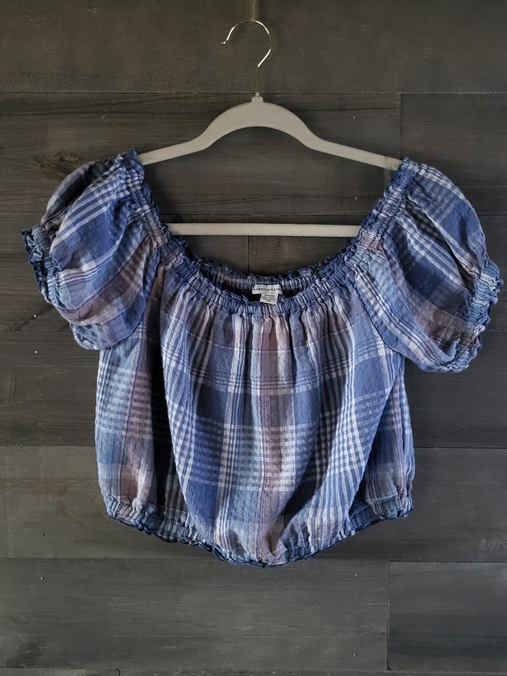 American Eagle Outfitters Flirty  Blue Plaid Peasant Top, Cottagecore Size S